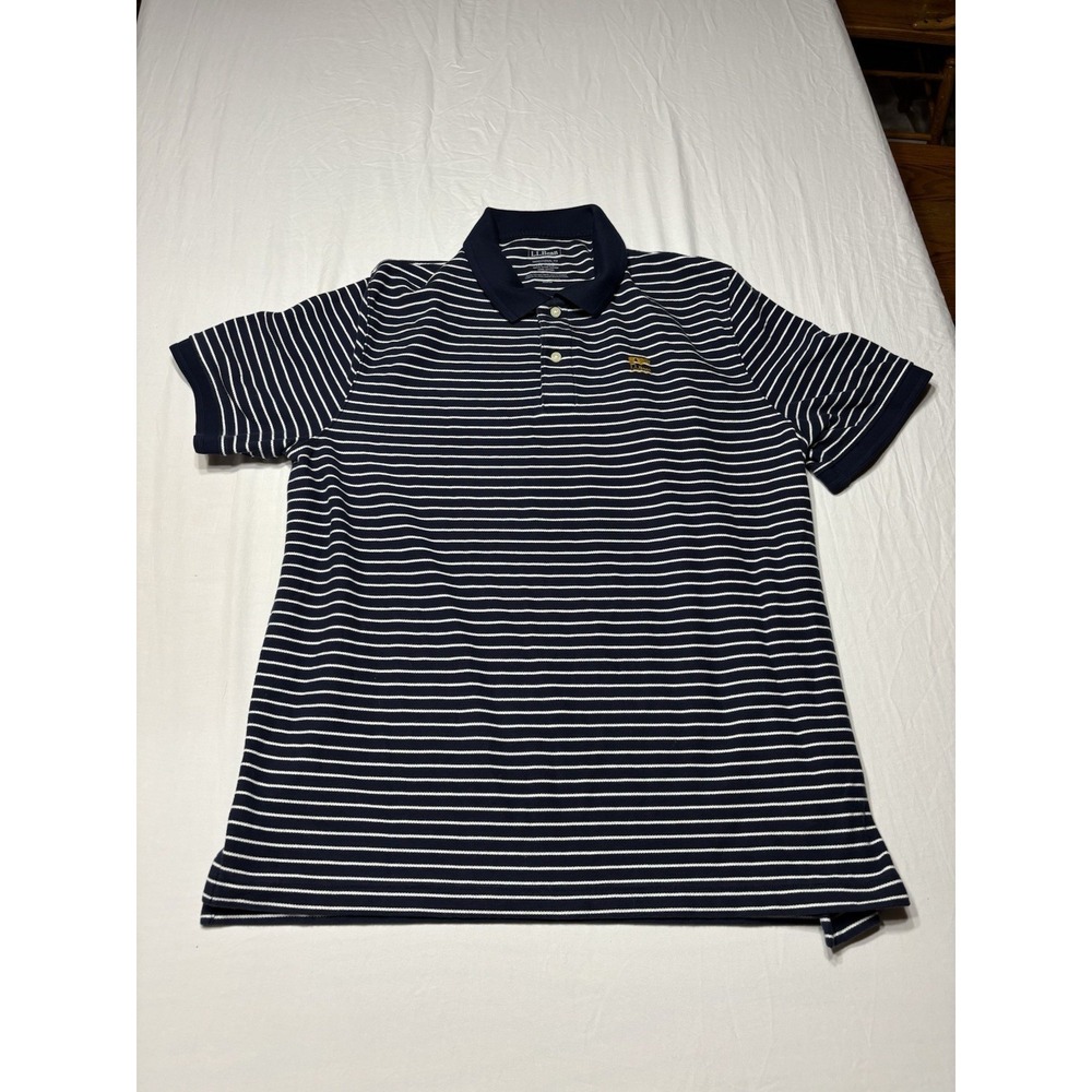 L.L. Bean Men's Polo Shirt Large Navy White Stripe 100% Cotton Traditional Fit